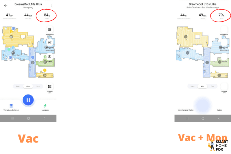 Die Restakkukapazität des Dreame L10s Ultra ist nach der Reinigung einer 80 m² großen Wohnung in einem App-Screenshot zu sehen.